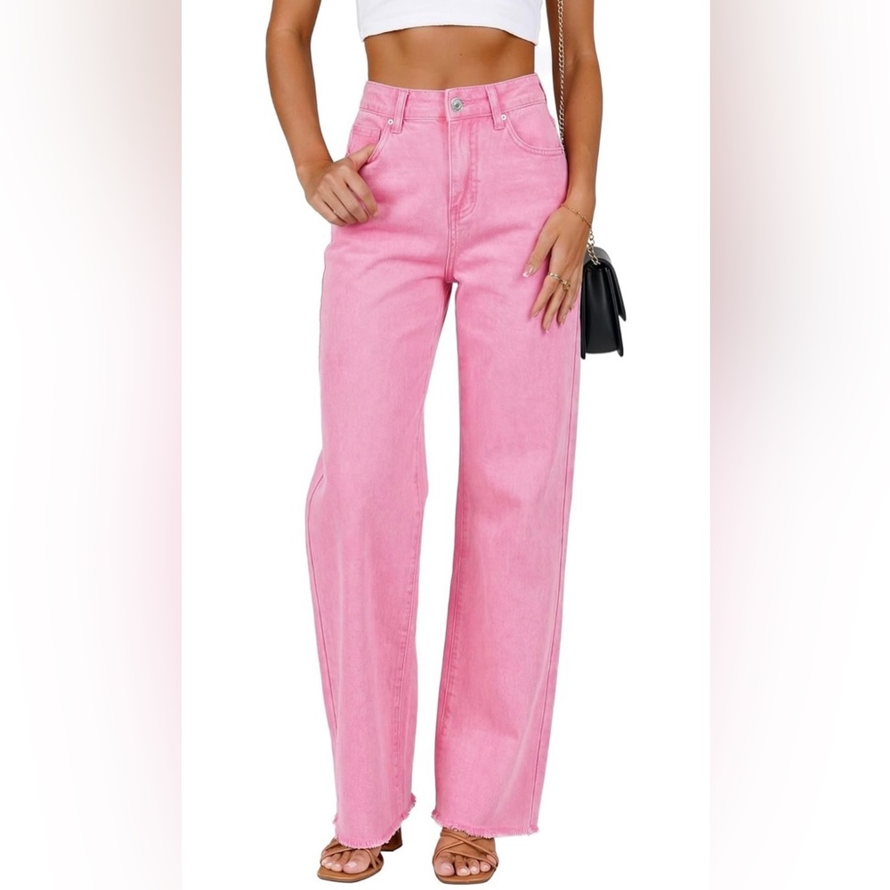 Women’s Straight Leg High-Waisted Stretchy Frayed Hem Loose Denim / Pink / Large